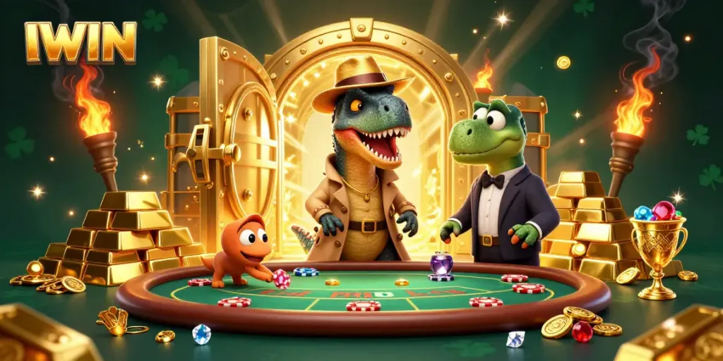 IWIN velociraptor card counter sneaking at blackjack table with treasure vault background