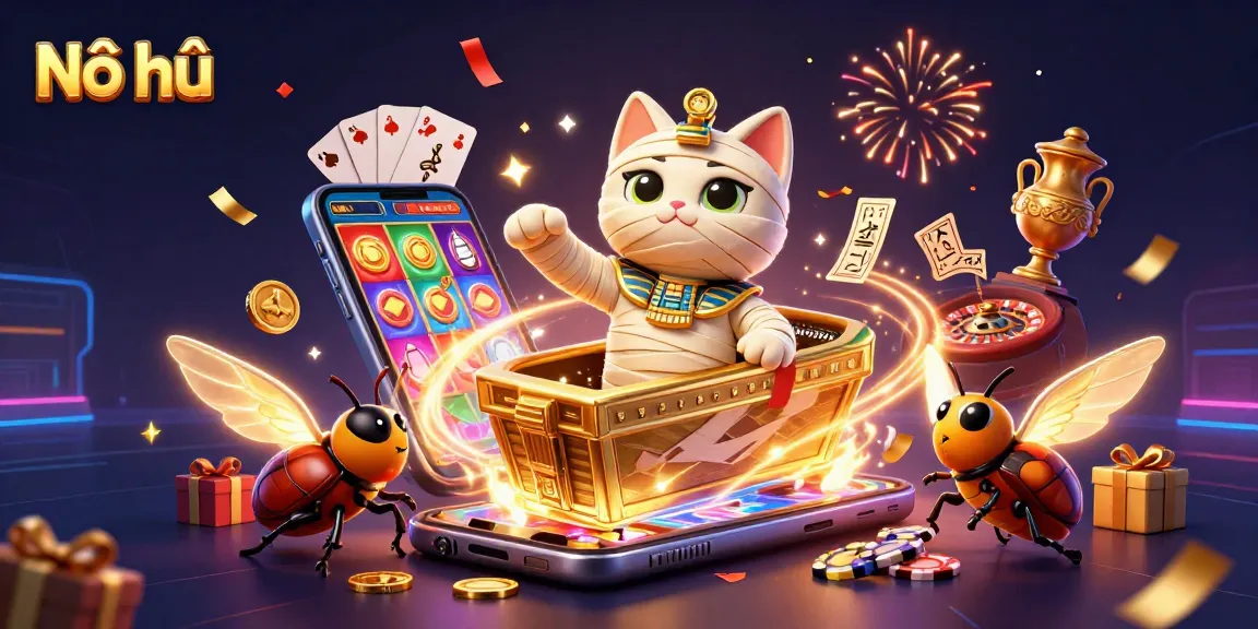 Nổ hũ slots adventure featuring a vibrant Egyptian theme, bold characters, and dynamic casino elements.