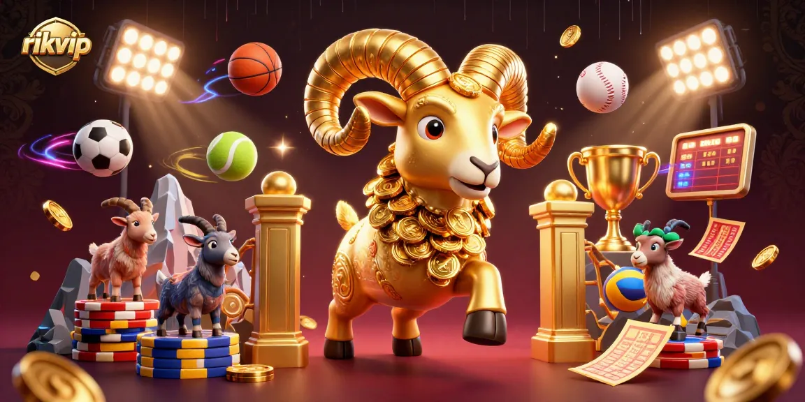Experience the excitement of rikvip with the golden ram charging toward victory, amidst flying sports action.