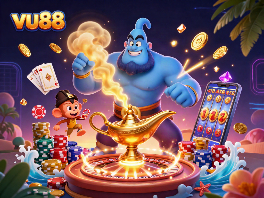 Spin the roulette, win with vu88 as a Genie and monkey invite you to a magical casino.