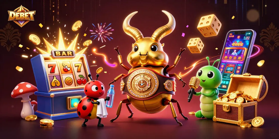 Experience the excitement of DEBET as a champion stag beetle battles amid vibrant casino elements.