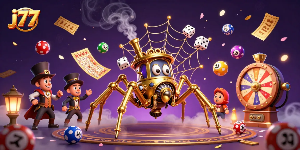 Play exciting games at j77 with a dynamic illustration featuring a steampunk spider and various gaming elements.