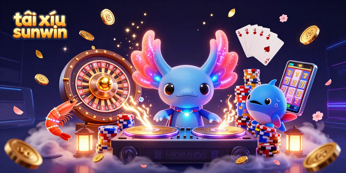 Tài xỉu sunwin shines with a vibrant DJ axolotl and dynamic casino elements in this engaging 3D scene.