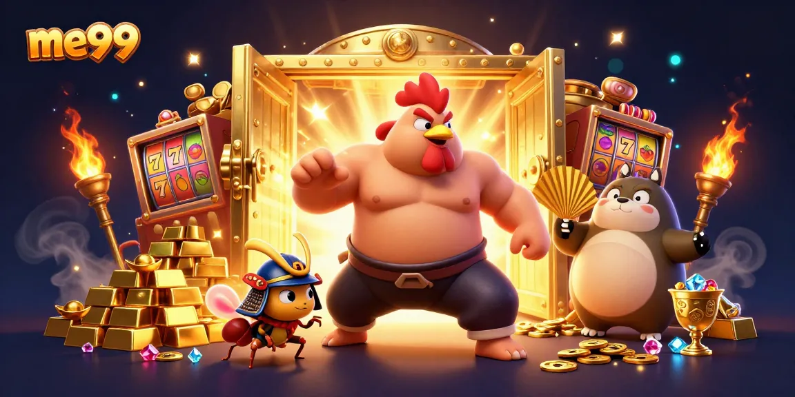 Experience thrilling wins at me99 with a sumo rooster and samurai cricket in a lavish casino setting.
