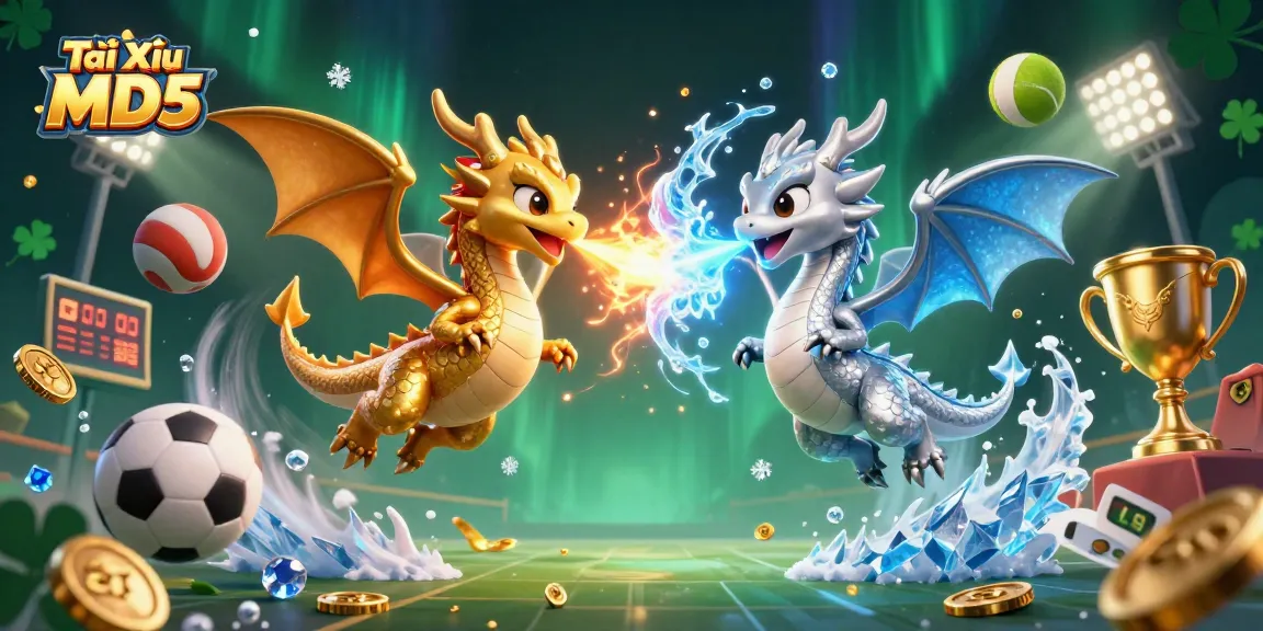 Tài Xỉu MD5 showcases a thrilling scene with dragons and sports elements highlighting the excitement of gambling.
