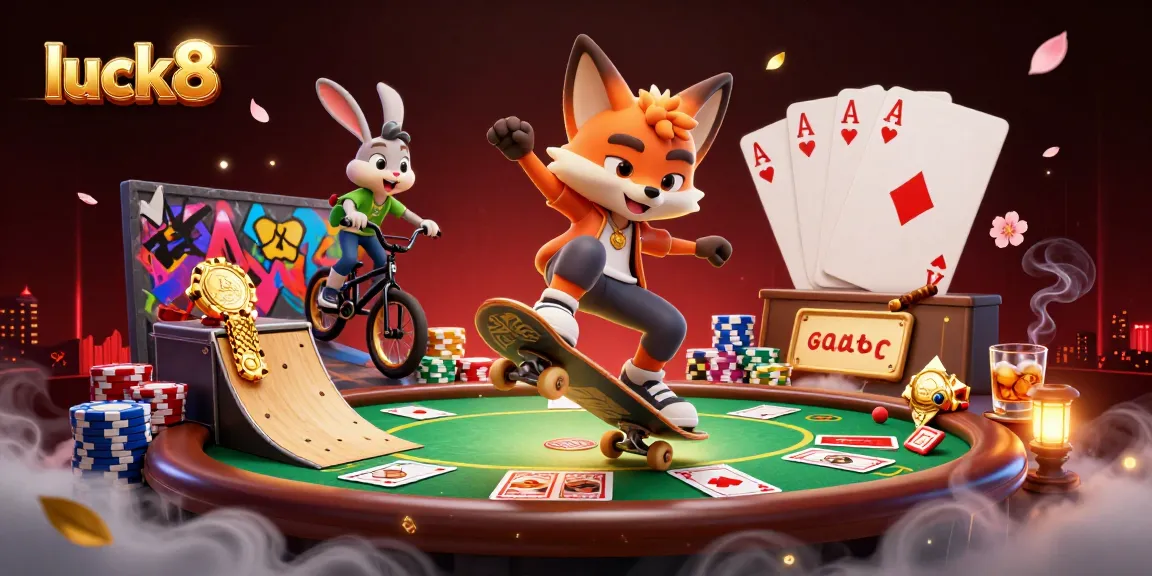 Experience luck8 as a vibrant cartoon scene with exciting gaming elements and characters.