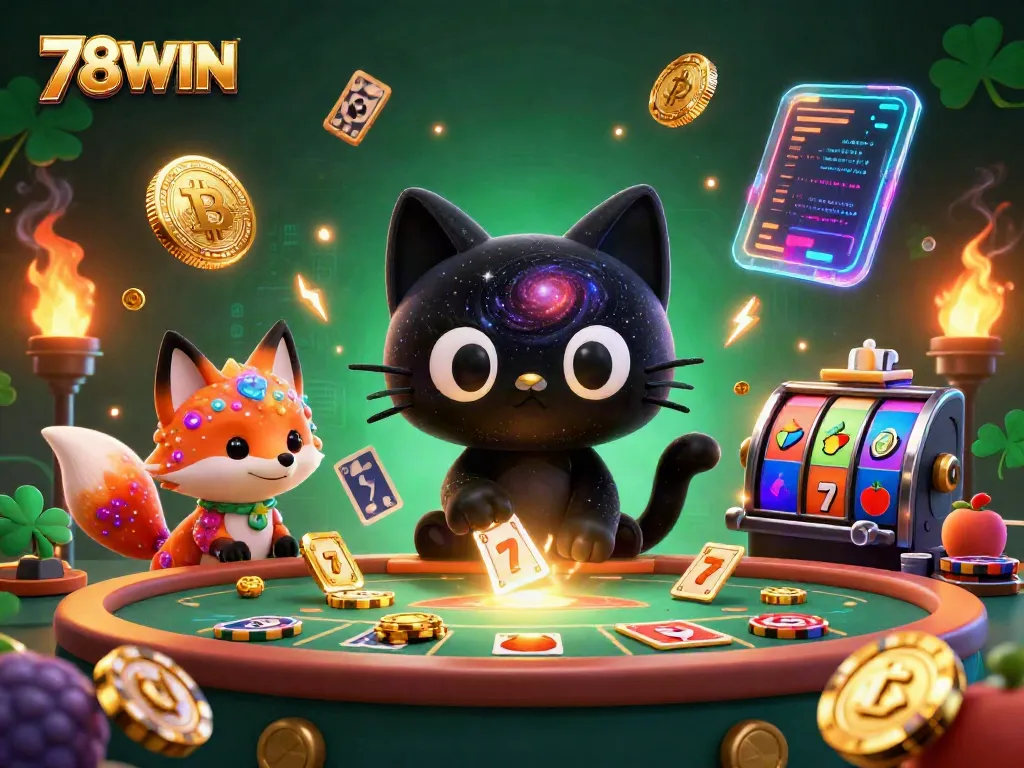 Engage with 78WIN's universe through a mesmerizing cosmic casino where a black hole cat and a nebula fox create a rich, vibrant scene.