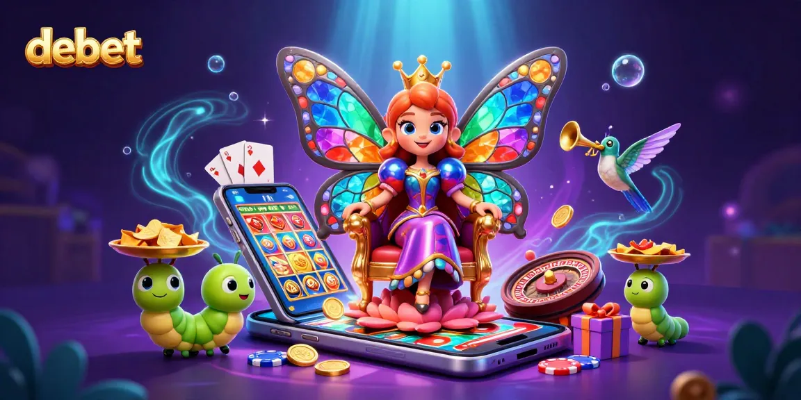 Engage with debet's lavish gaming experience featuring a vibrant 3D casino scene with a butterfly queen and dynamic game elements.