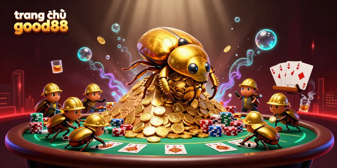 Engage with the vibrant world of trang chủ good88, where a golden beetle rolls coins amidst poker excitement.