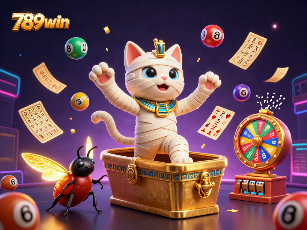 Experience the thrilling atmosphere of 789win in a vibrant 3D illustration bursting with casino elements.