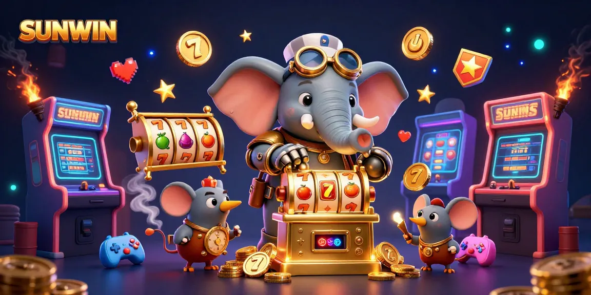 SUNWIN engages players with a vibrant casino experience featuring a steampunk elephant operating a golden slot machine.