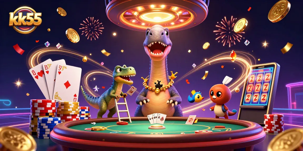 kk55 players enjoy an exciting scene in a casino with dynamic characters and golden treasures flying around.