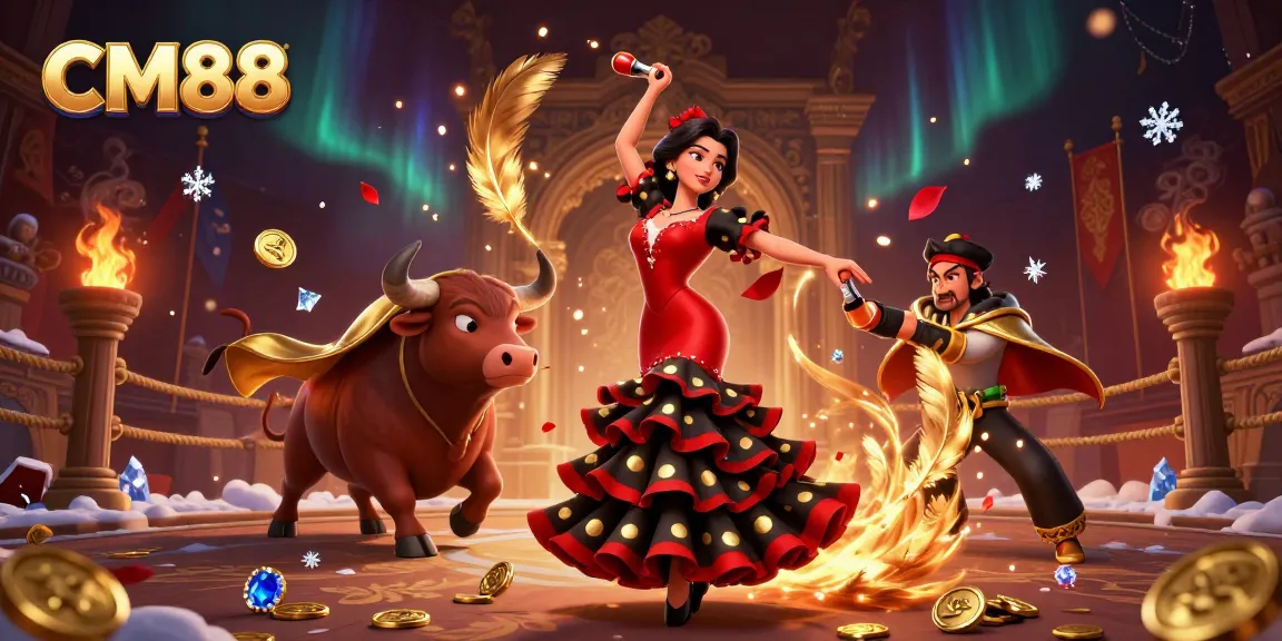 CM88 Casino dynamic scene with a flamenco dancer, a bull, and swirling coins, capturing the thrill of gambling.