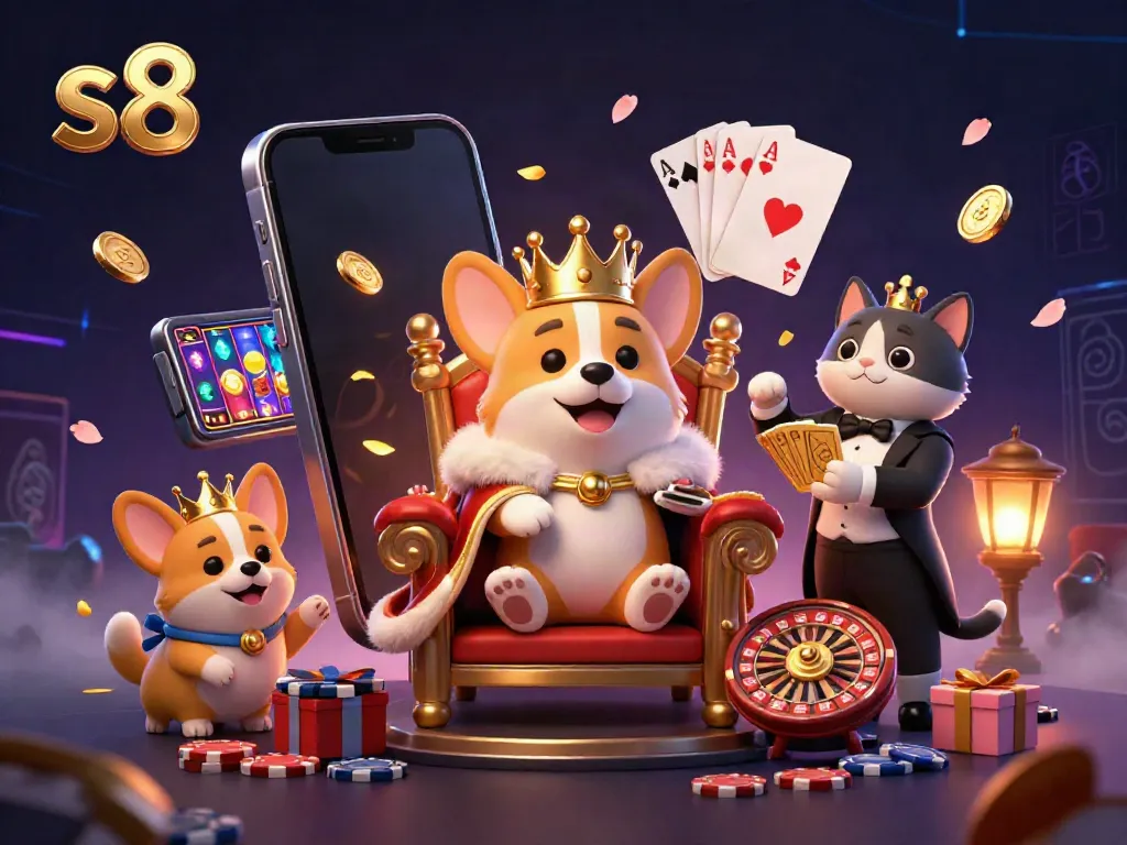 Experience thrilling gaming adventures with s8, featuring a royal corgi and a cat butler amidst vibrant casino elements.