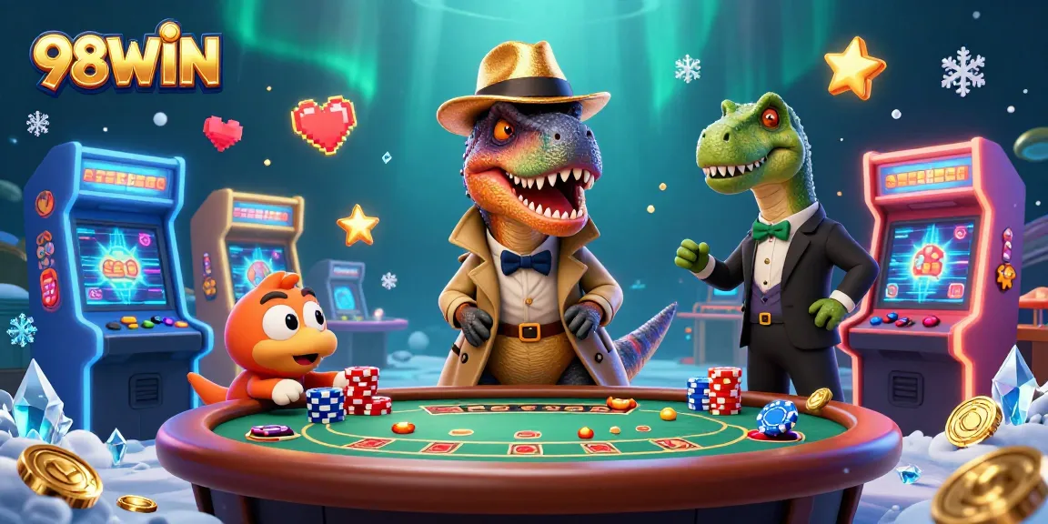 Engage with 98WIN's dynamic casino scene featuring a velociraptor card counter at a blackjack table amidst vibrant gaming elements.