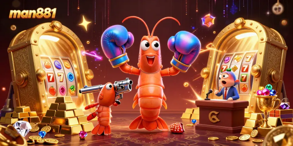 Experience the excitement of man881 with vibrant treasures, lively characters, and dynamic casino imagery.