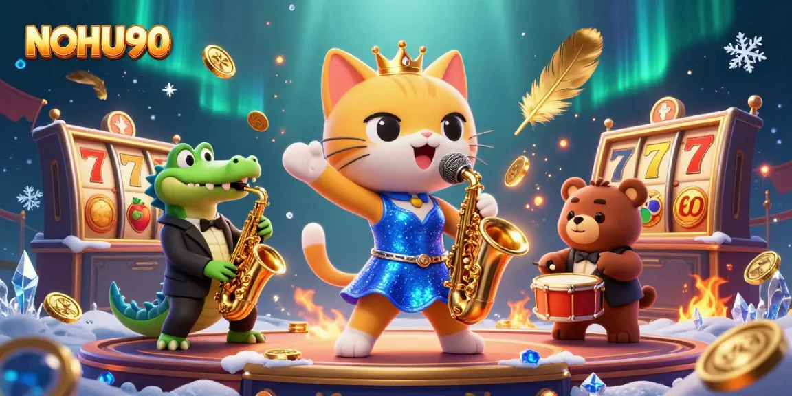 NOHU90 vibrant casino-themed illustration featuring a jazz-singer cat, saxophone crocodile, and drum-playing bear in rich detail.