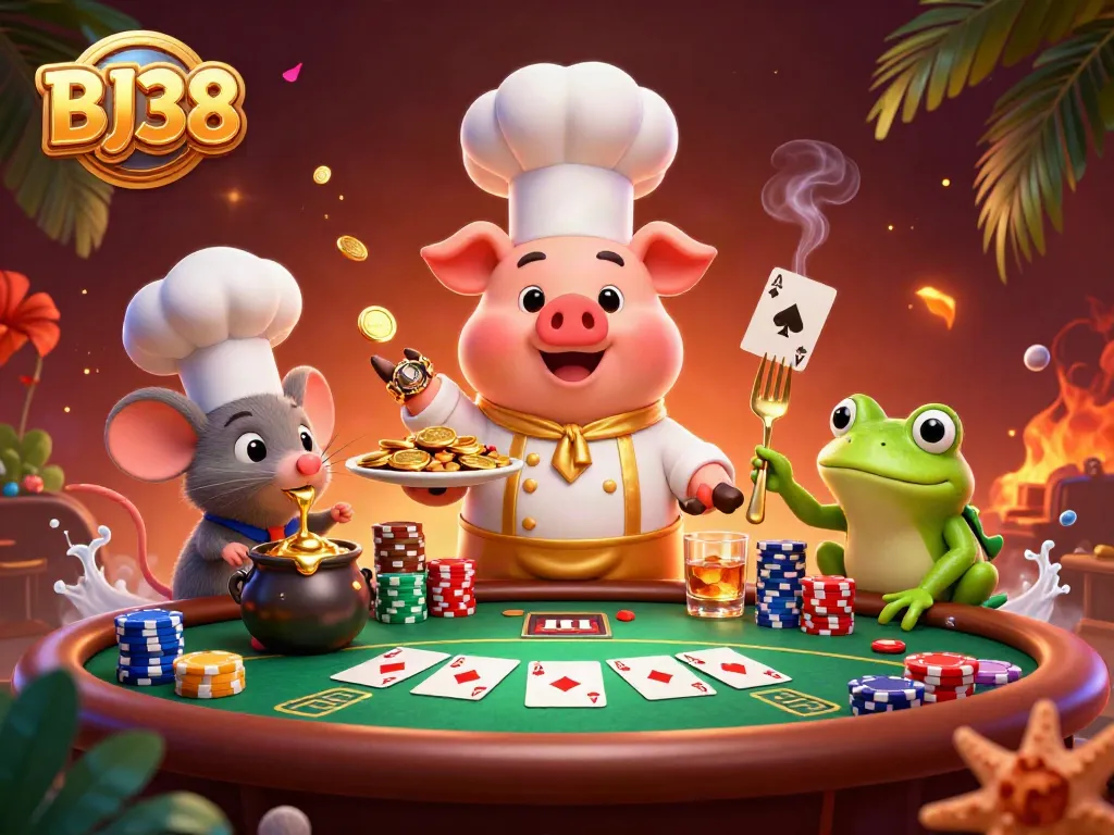 BJ38 showcases a vibrant casino scene with a pig chef serving gold coins, enhancing the gaming atmosphere.