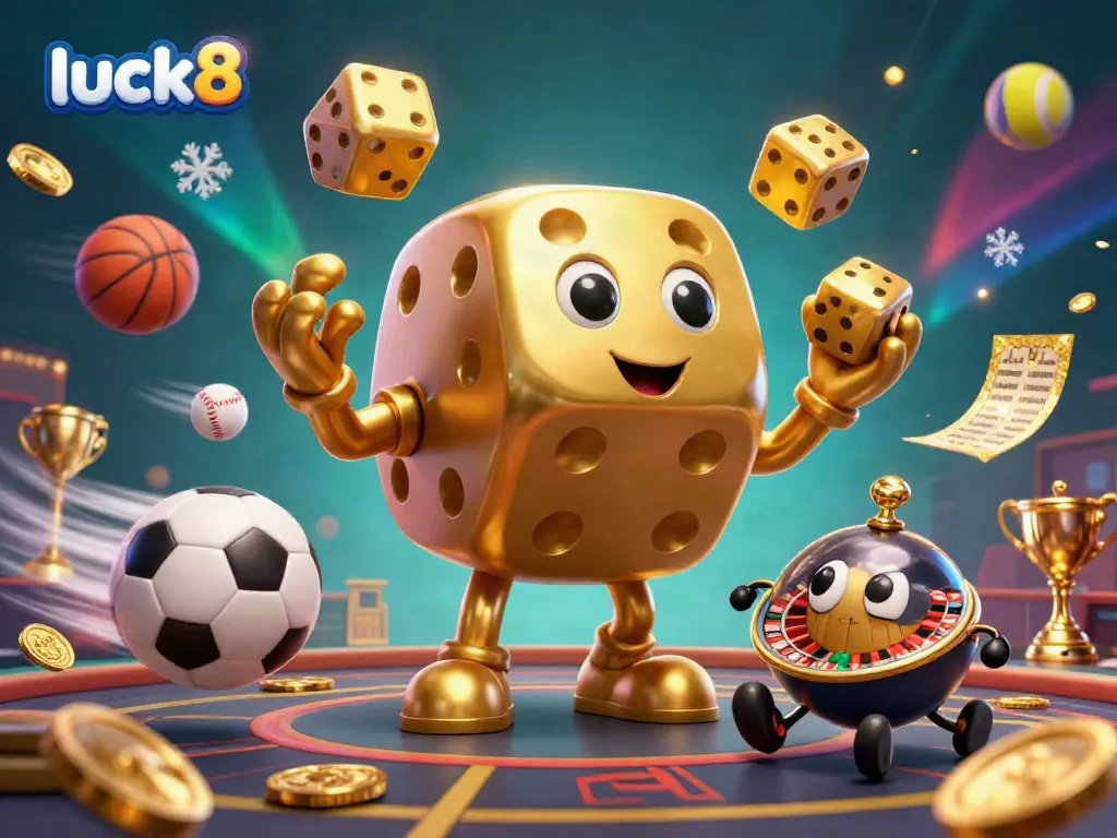 Experience the dynamic casino atmosphere with luck8 characters juggling and sports elements highlighting thrilling bets.