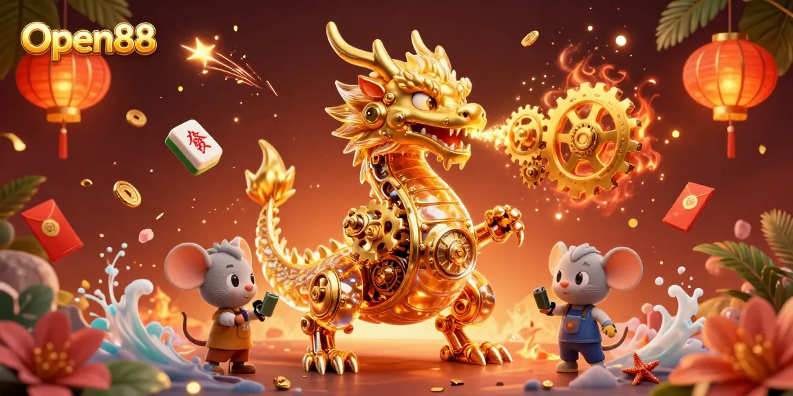 Experience thrilling wins at Open88 with a vibrant 3D gold dragon and exciting casino elements.