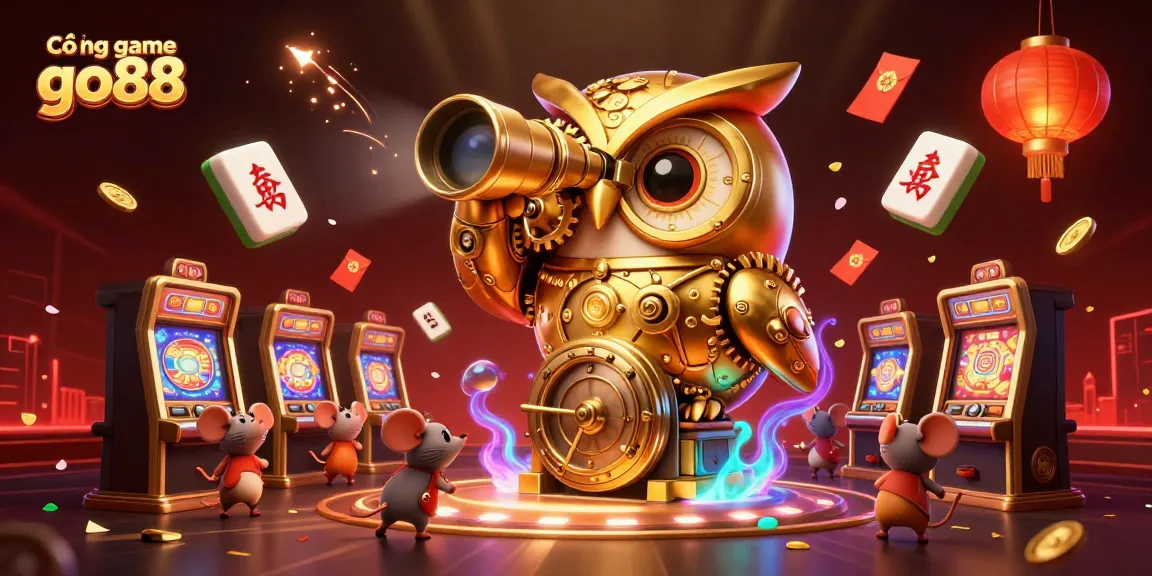 Cổng game go88 showcasing a dynamic 3D casino illustration featuring a golden owl and brass slot machines.
