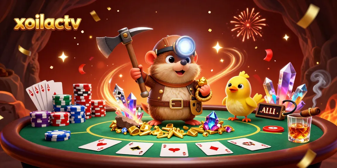 Experience thrilling sports betting action with xoilactv's vibrant scene of a treasure hunter mole and colorful poker elements.