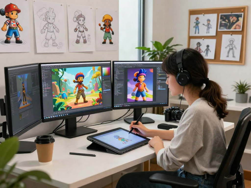 Creating nsfw ai art in a modern studio with vibrant character designs.