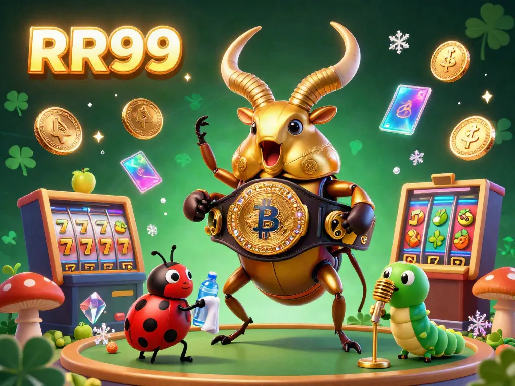 Experience the thrilling casino excitement of RR99 with vibrant slot reels and glowing crypto coins.