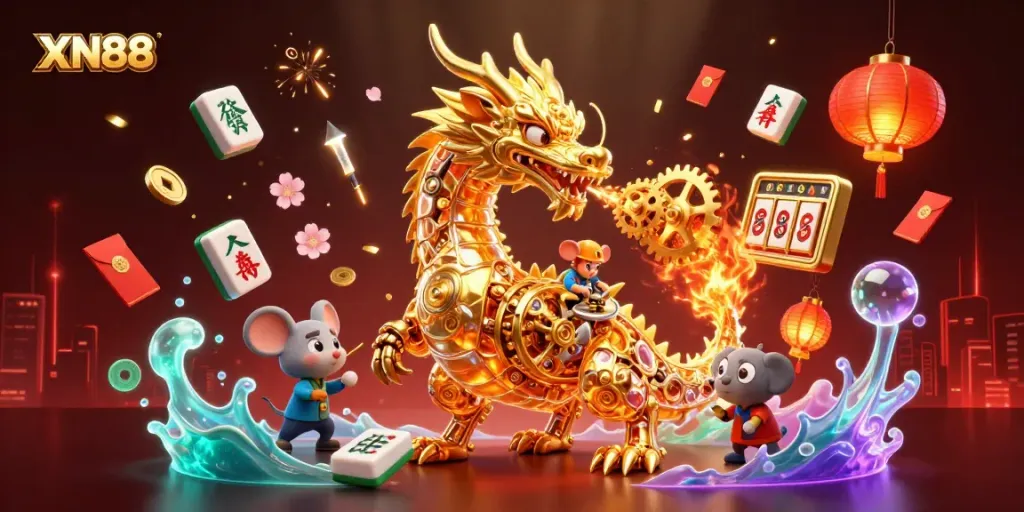 Experience the thrilling world of XN88 with a captivating 3D dragon alongside vibrant gaming symbols.
