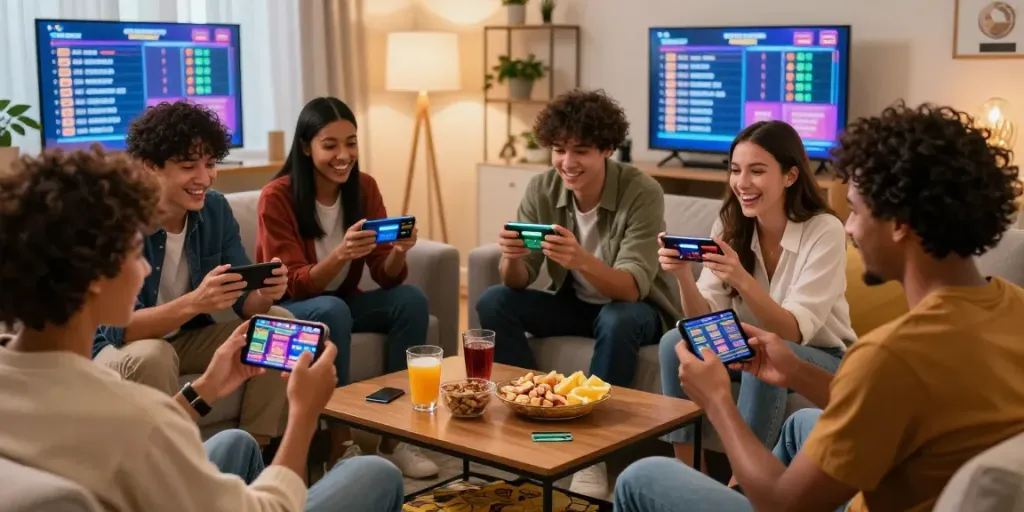 Friends engaging with online casinos that accept credit cards in a cozy living room setting, showcasing a fun online gaming experience.