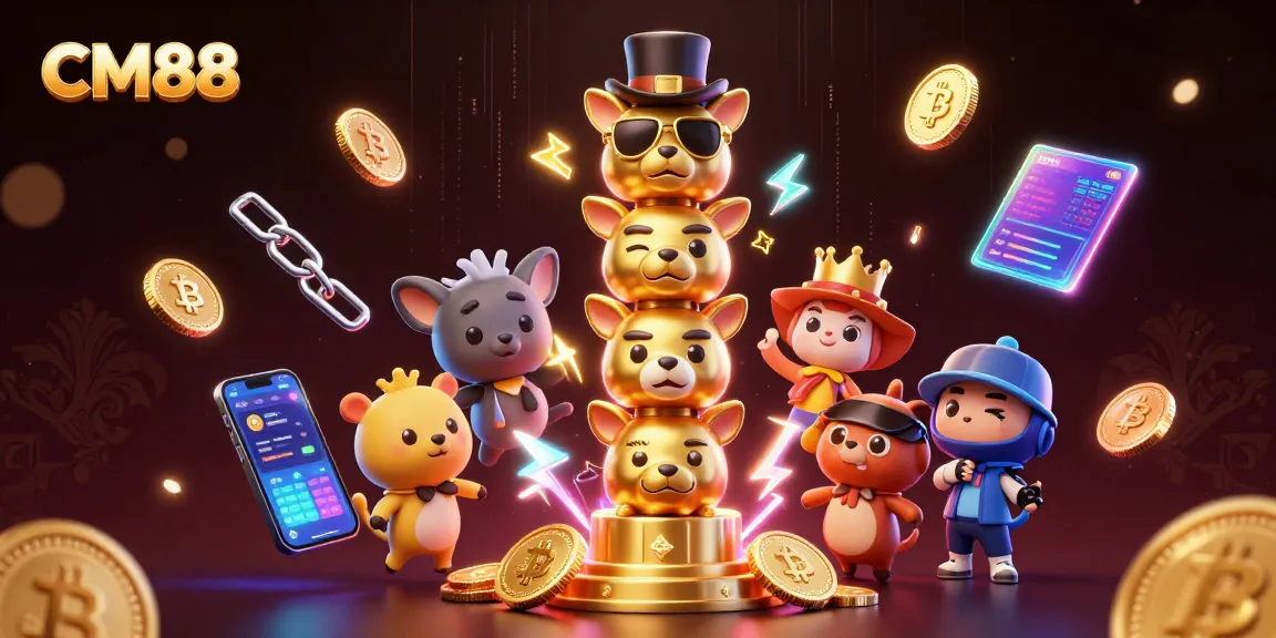 Experience the thrill of CM88's vibrant gaming scene with animated totem pole and crypto coins.