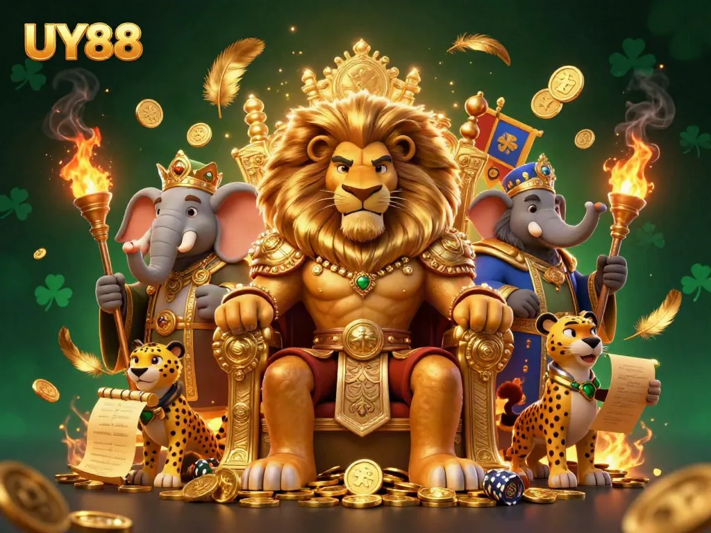 Experience the excitement of UY88 with a fierce lion king, elephant advisor, and cheetah messenger surrounded by vibrant casino elements.