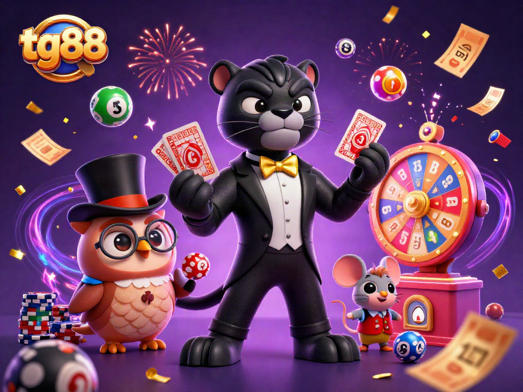 Experience thrilling gaming action with tg88 as a panther, owl, and mouse celebrate with casino elements.