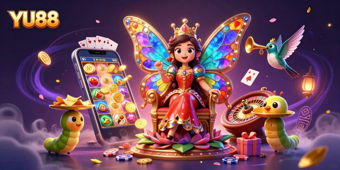 Experience the thrill of YU88 slots with a mystical butterfly queen amid casino treasures.