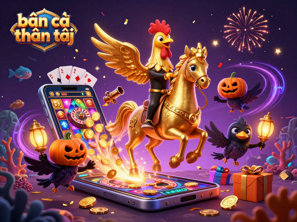 Bắn cá thần tài showcases a golden rooster heroically navigating a magical underwater casino.