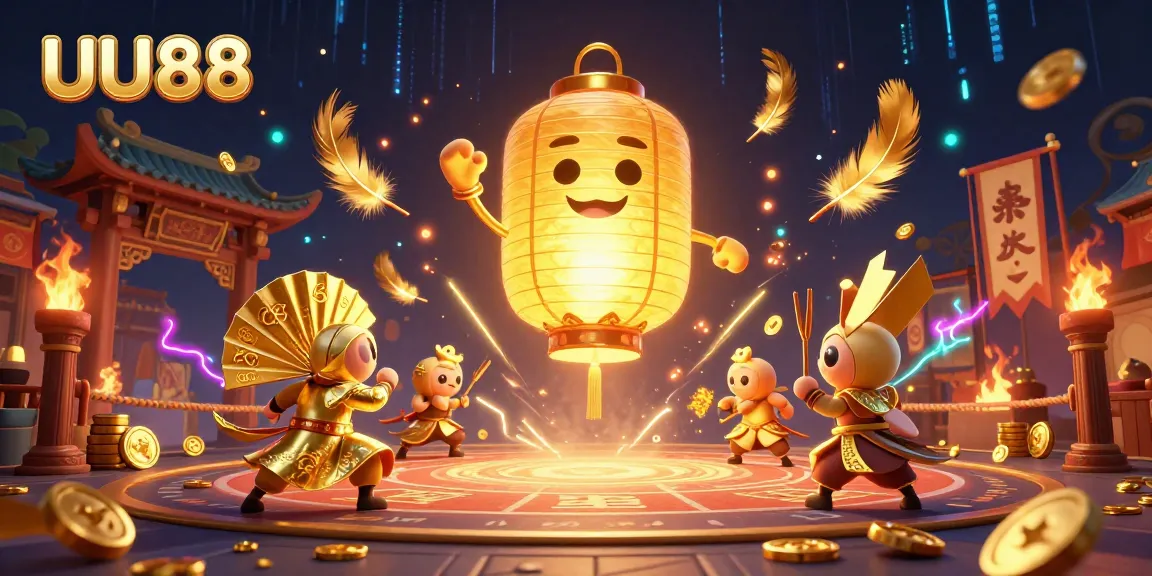 Experience the thrill of UU88 with a captivating 3D illustration of a golden lantern spirit at a vibrant casino.