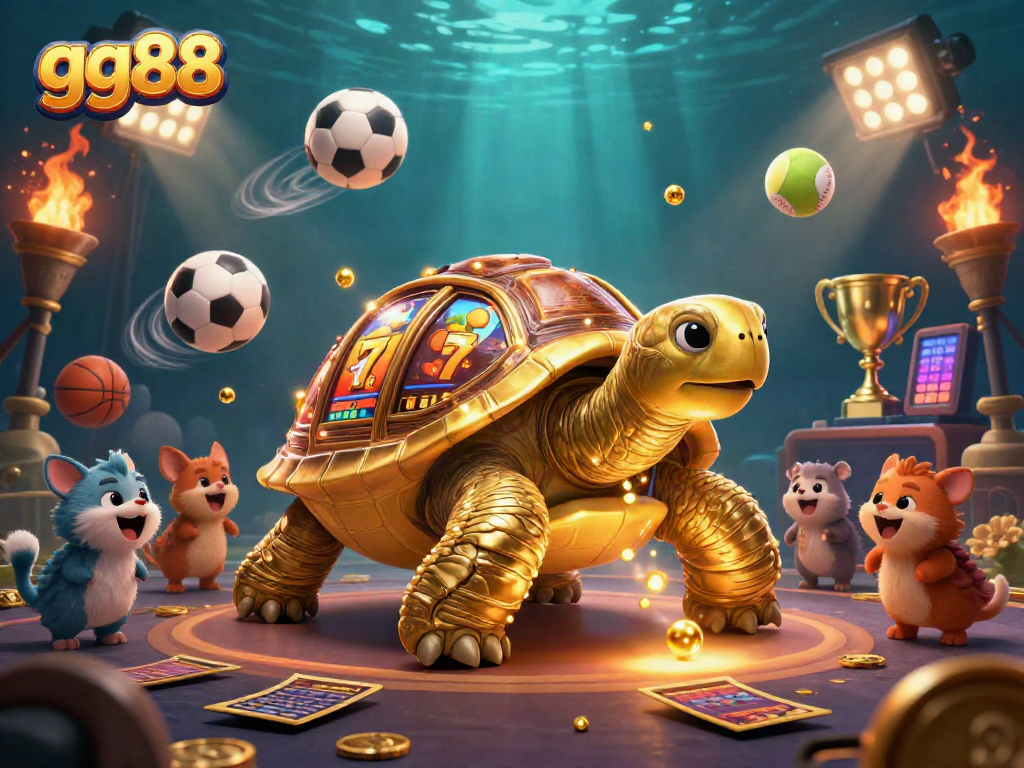Experience thrilling gameplay with gg88's colossal golden tortoise pinball machine illustration, featuring casino elements.