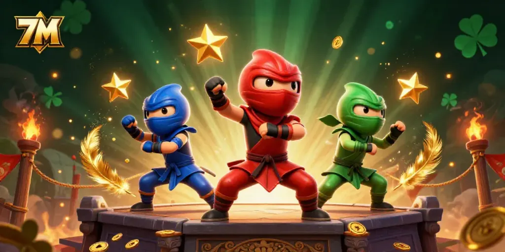 Engage with 7M's thrilling gaming experience, featuring ninja chameleons and vibrant casino elements.