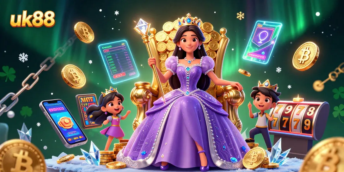 uk88 showcases an enchanting casino experience with a regal Asian character amidst vibrant slot game elements.