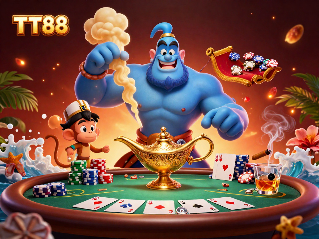 TT88 offers a magical poker experience with a dynamic genie and vibrant gaming elements.
