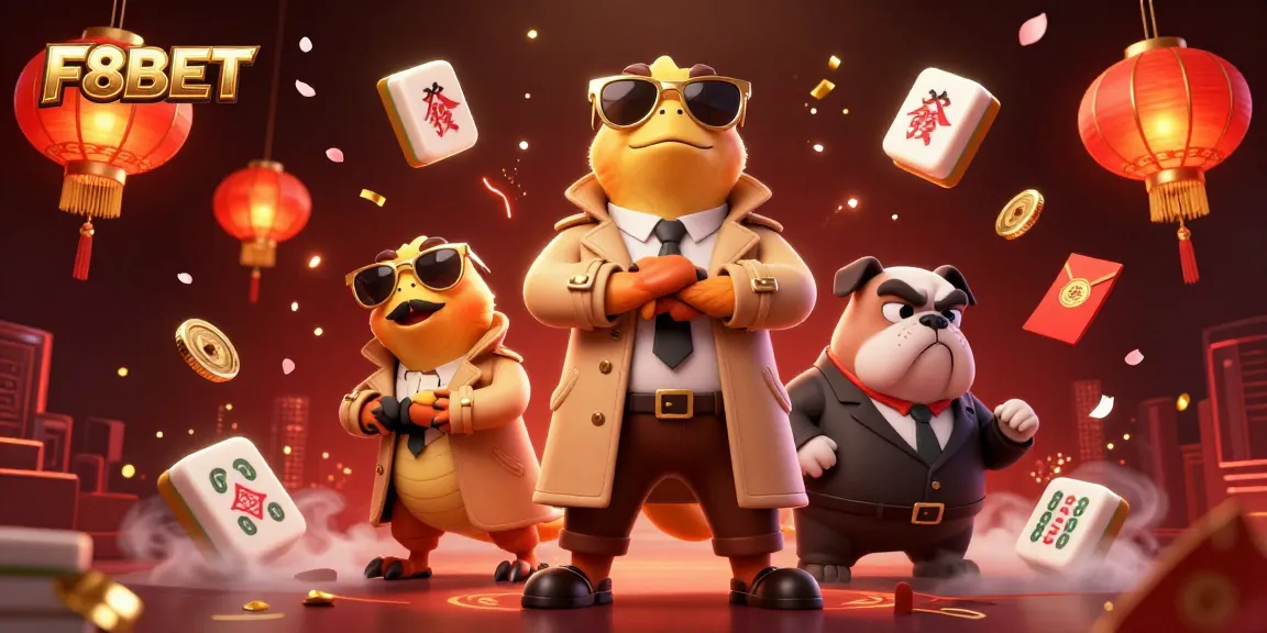 F8BET showcases 3D cartoon raptors in a trench coat entering a casino lounge, a playful take on gambling.