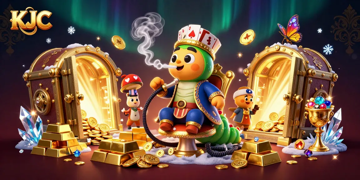 KJC engages players with an enchanting casino-themed illustration showcasing the caterpillar hookah-master amidst treasures