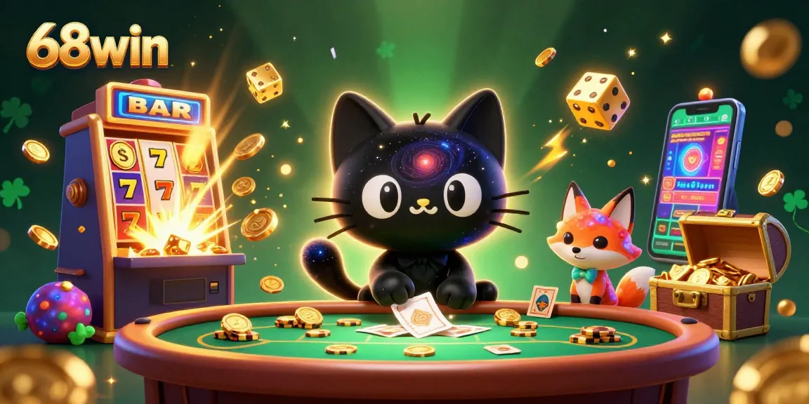 Experience the thrill of 68win with a cosmic casino scene featuring magnificent characters and games.