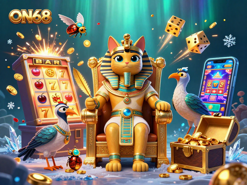 Play casino games and win at ON68 with vibrant illustrations of pharaoh and slot machines.