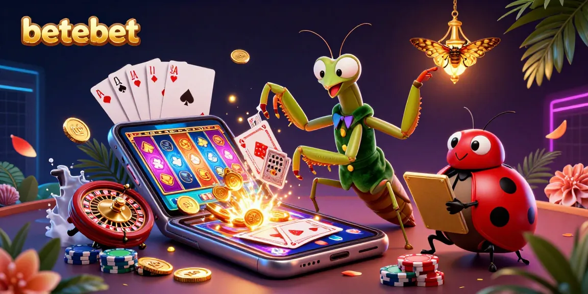 Engage with betebet's exciting casino scene featuring a giant mantis and ladybug, showcasing dynamic gaming action.