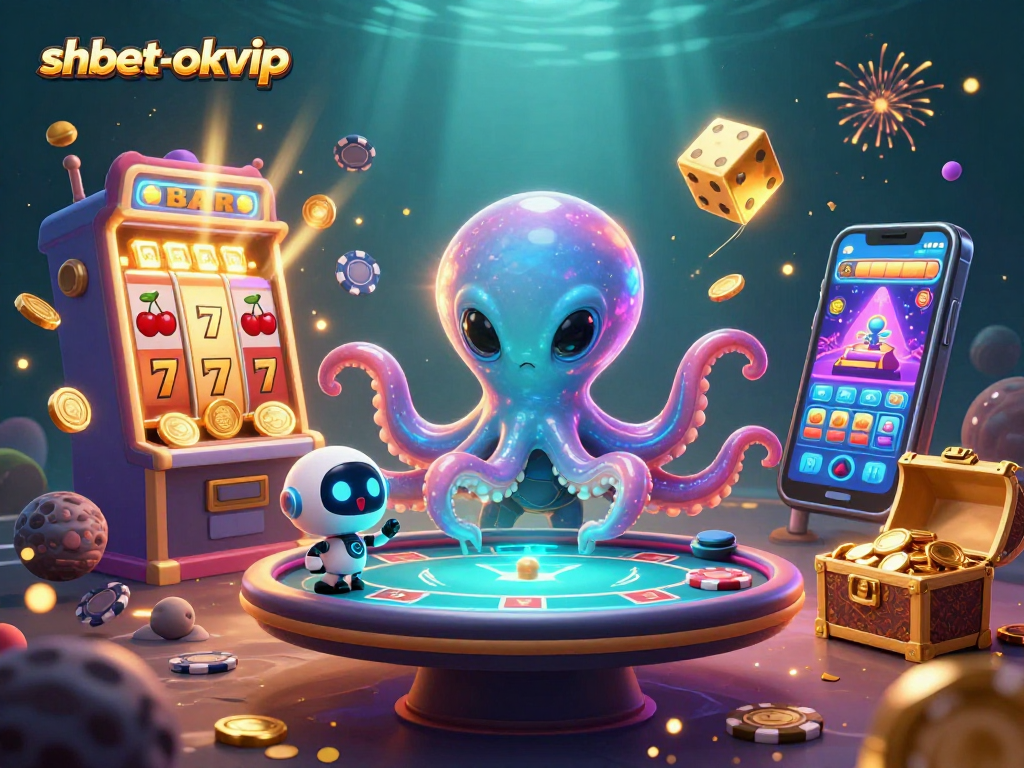 Engage with shbet-okvip via a dynamic 3D illustration featuring alien games, casino excitement, and vibrant elements