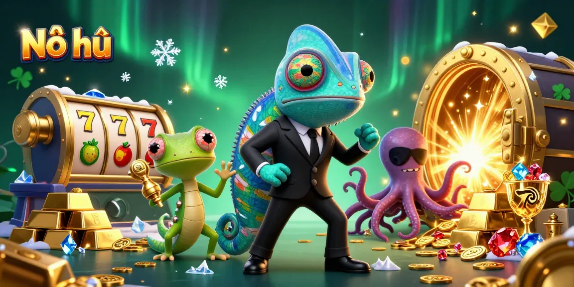 Nổ hũ showcases vibrant slot elements with a 3D chameleon, gecko, and octopus in dynamic casino background.