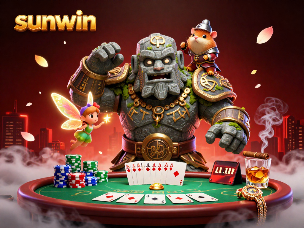 Experience the thrilling casino atmosphere at Sunwin, featuring colorful poker chips and an epic golem guardian.