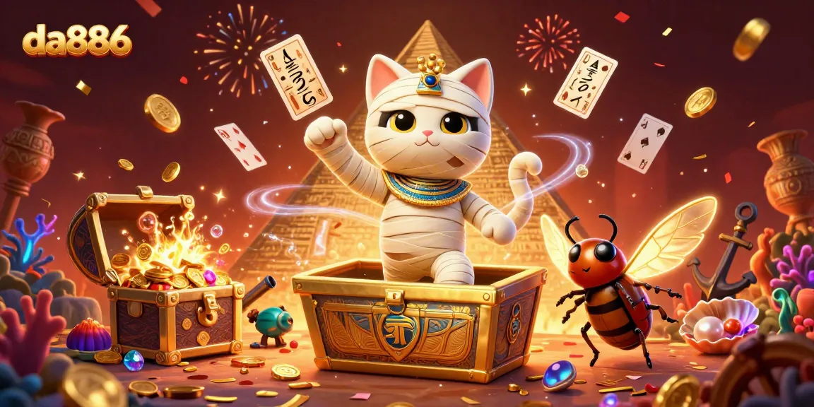 Join the exciting da886 gaming adventure with an Egyptian mummy cat and scarab beetle in this vibrant casino scene.