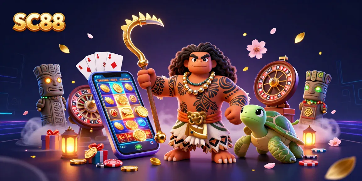 Engage with thrilling slots at SC88 featuring a hawk demigod, turtle sidekick, and vibrant casino elements.